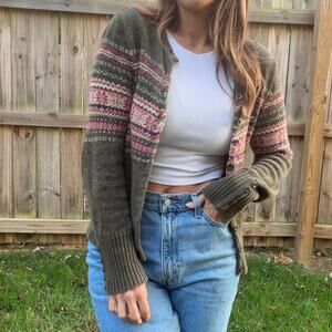 Vintage Tiara International Fair Isle Cardigan - Olive Green 90s Sweater